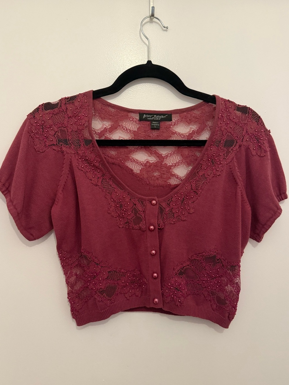 Betsey Johnson Rose Pink Lace & Bead Cropped Cardigan